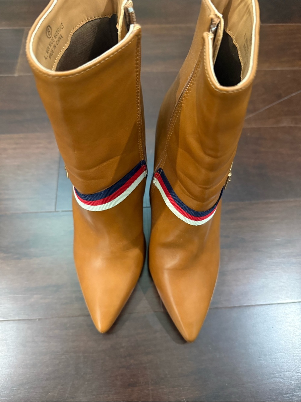 Liliana Tan Pointed-Toe Mid-Calf Boots with Red, White and Blue Ribbon